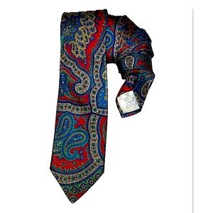 Oscar de la Renta vintage silk tie, paisley, red, blue & grey, 60”